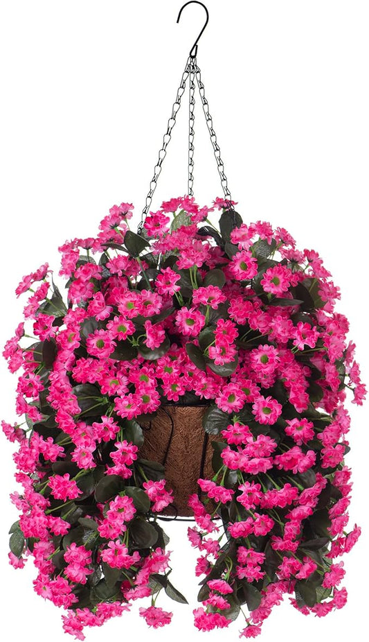 Hanging Baskets Artificial Flowers for Outdoor Interior Decor, Artificial Daisies Flowers Shrubs Plants with Baskets for Home Porch Garden Patio Patio Spring Summer Decor(Pink)-VerdiqueGarden