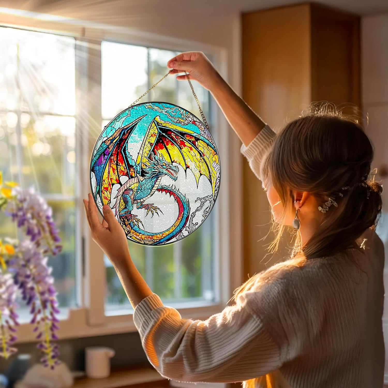 Stained Glass Window Hanging, Stained Glass Suncatcher, Dragon Sun Catcher, Window Decor, Dragon Lover Gift, Gifts for Fathers Day, Christmas or Birthday Gift, Gifts for Him Dad Grandfather Son-VerdiqueGarden