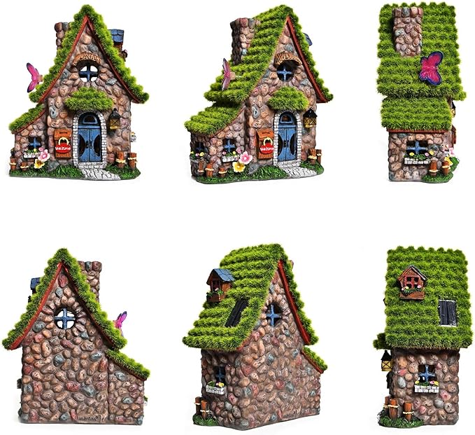 ASAWASA Resin Fairy House Statues with Solar Powered Lights, Funny Garden Sculptures with Flocked and Cobblestone Decor, Exquisite Garden Cottage Figurines-VerdiqueGarden