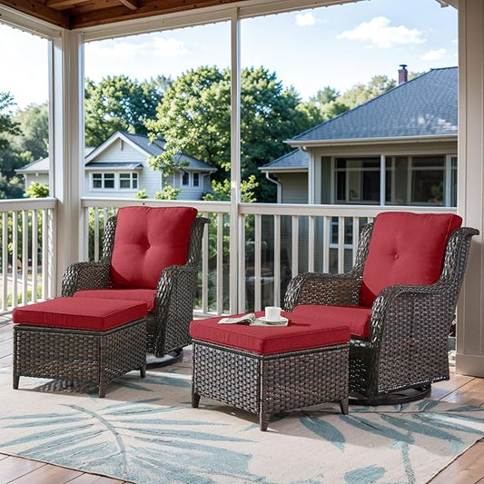 4 Pieces Patio Furniture Sets, Wicker Patio Swivel Glider Chair with Ottomans, Outdoor Furniture Set for Outside Porch, Deck, Balcony, Garden-VerdiqueGarden