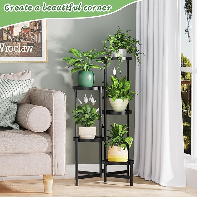 MOKANI Metal Plant Stand Indoor Outdoor for Multiple Plants, 5 Tiered Folding Corner Shelf Tall Flower Pot Holder Display Rack for Patio Living Room Balcony Garden, Black-VerdiqueGarden