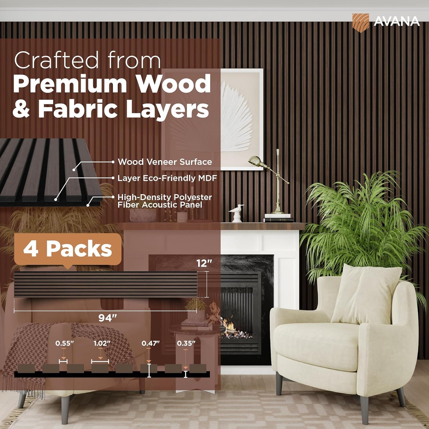 Avana Acoustic Wood Wall Panels – 94.4 x 12.6 Inch Dark Walnut Acoustic Panels 4 PCs – Wall Panels For Interior Wall Decor for Homes, Offices, Studios – Aesthetically Pleasing Wood Panels For Wall-VerdiqueGarden