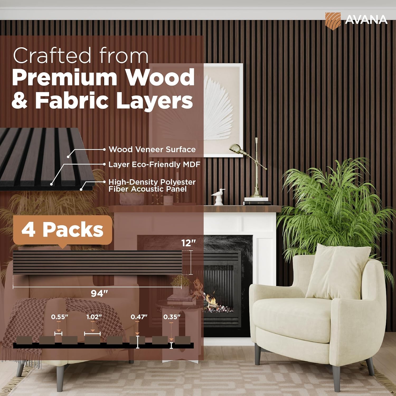 Avana Acoustic Wood Wall Panels – 94.4 x 12.6 Inch Dark Walnut Acoustic Panels 4 PCs – Wall Panels For Interior Wall Decor for Homes, Offices, Studios – Aesthetically Pleasing Wood Panels For Wall-VerdiqueGarden