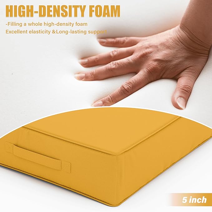 Patio Chair Cushions 24 X 24 X 5 Inch Waterproof Outdoor Seat Cushions for Patio Furniture, Outdoor Sofa Couch Pads with Ties & Handle, Set of 2, Yellow-VerdiqueGarden