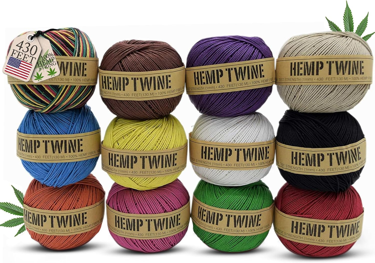 Hemp Twine for Gardening - Twine for Crafts - Organic Natural Hemp String for Jewelry Making - Strong Durable Cord for Decoration, Macrame + Cooking - 1MM, 100G/430 Ft. - 20 lb. Test Strength - 12 Pk-VerdiqueGarden
