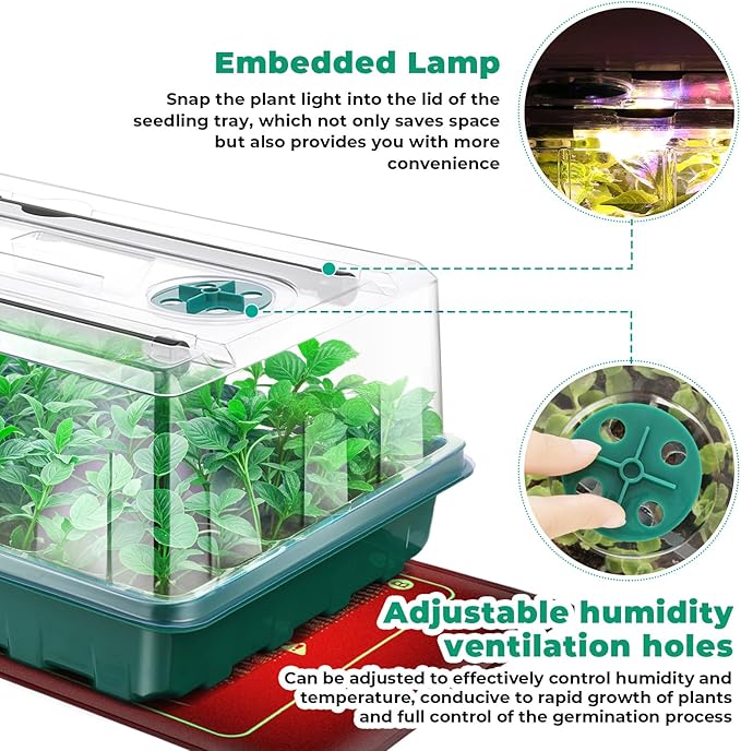 Seed Starter Tray, Seed Starter Kit with Grow Lights and Heat Mat, 96-Cell Seed Growing Tray, Seed Starting Trays Plant Starter Kit and Base, Indoor Gardening Plant Germination Trays (2)-VerdiqueGarden