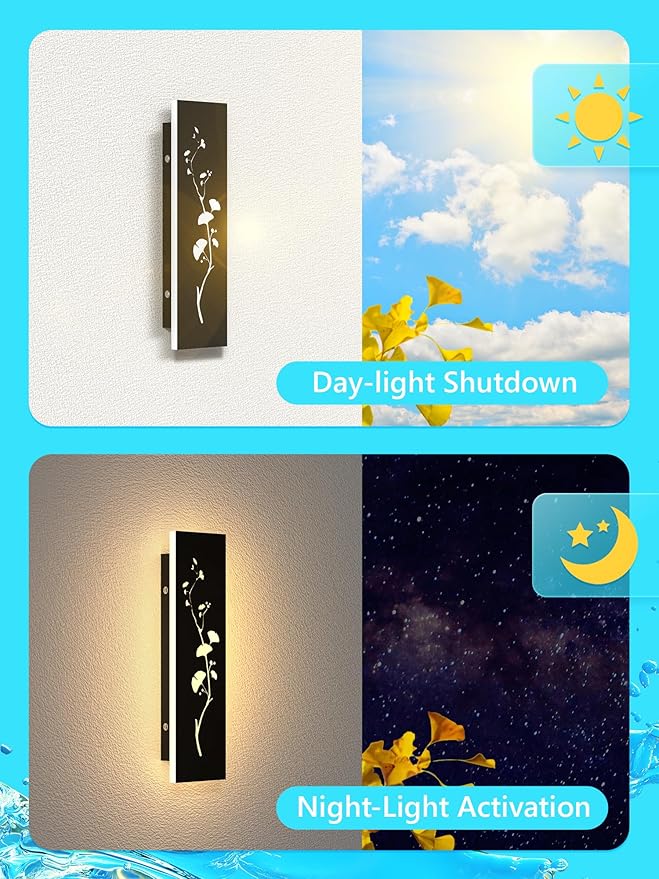 Modern Outdoor Wall Lights 11.8inch LED Long Wall Sconce 3000K Ginkgo Hollow Design Wall Mount Porch Lights 12W Exterior Lighting Fixtures for Patio Balcony Terrace Garden-VerdiqueGarden