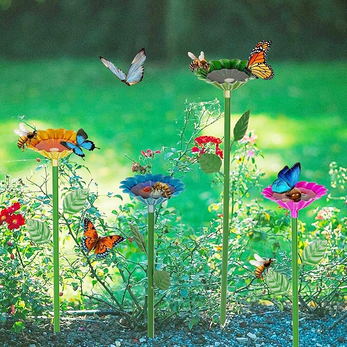 4 Pack Bee Watering Station, Bee Bath for Garden Metal Bee Water Feeder with Flower Design, Colorful Butterfly Bee Bath Bowl for Outdoor Garden Yard Decor (Red,Green,Blue,Yellow)-VerdiqueGarden