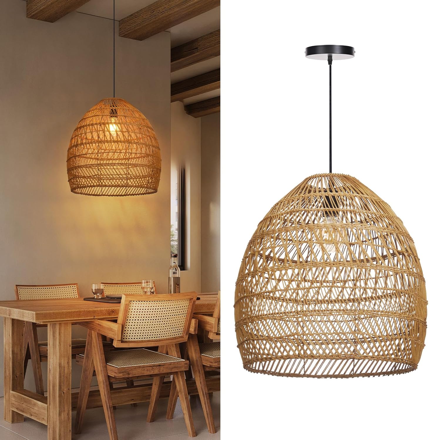 Arturesthome Boho Chandelier Rattan Pendant Light,19.6” Large Wicker Pendant Light Fixtures,Basket Hand Woven Hanging Lamp for Dining Room Living Room Kitchen Foyer-VerdiqueGarden