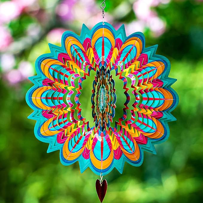 SteadyDoggie Wind Spinner Mandala Flame 12 inches - 3D Stainless Steel - Laser Cut Metal Art Geometric Pattern - Yard Spinners Outdoor - Hanging Wind Spinner, Kinetic Yard Art Decorations-VerdiqueGarden