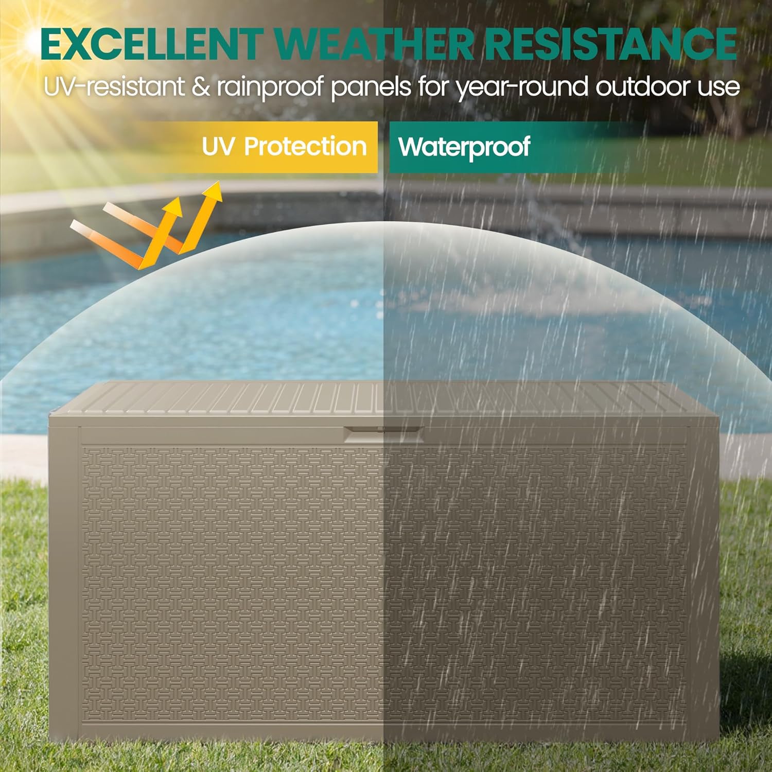 90 Gallon Outdoor Deck Box, Waterproof Outdoor Storage Box, Durable Resin Bin for Patio Cushions, Garden Tools and Pool Accessories, Lockable with UV Protection, Khaki, Patio Furniture-VerdiqueGarden