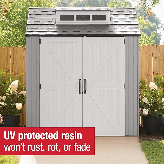 Rubbermaid Resin Outdoor Storage Shed With Floor (7 x 7 Ft) Weather Resistant Gray Organization for Home/Backyard/Garden Tools/Lawn Mower/Bike Storage/Pool Supplies-VerdiqueGarden