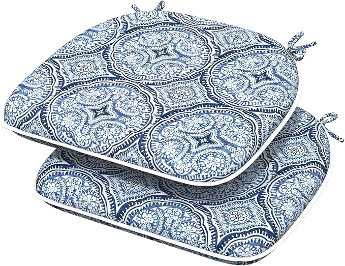 Indoor/Outdoor Chair Cushions 16x17 Inch, Patio Chair Cushions with Ties, All Weather Seat Cushions for Patio Furniture Home Garden Chair Use, Set of 2,Medallion Blue-VerdiqueGarden
