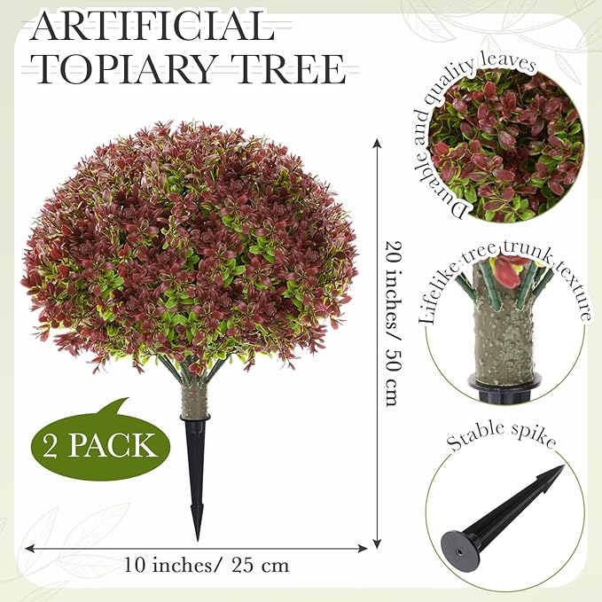 Yunlly 2 Pack 18" Artificial Boxwood Ball Bush Topiary Trees Fake Outdoor Plants, Realistic UV Resistance Faux Shrubs with Spike Greenery Topiary for Front Porch Garden Yard Patio Indoor (Dark Red)-VerdiqueGarden