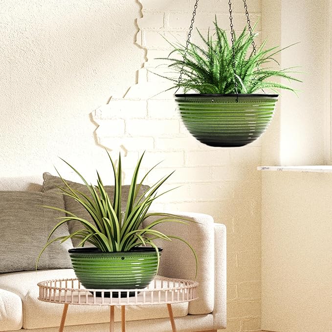 10 Inch Hanging Planter, 2 Pack Hanging Planters for Indoor Outdoor Plants Self Watering Hanging Pots with Drainage Holes for Garden Home (Green)-VerdiqueGarden