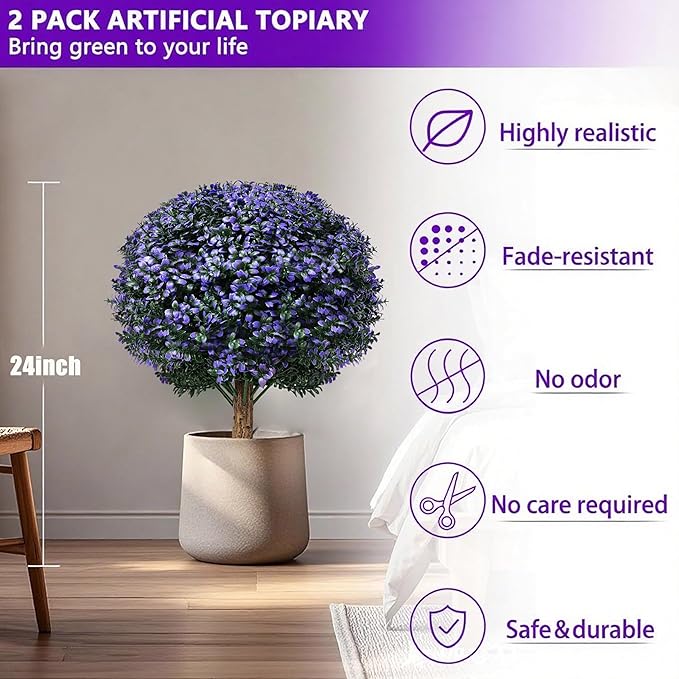 Set of 2 Artificial Boxwood Topiary Ball Trees Outdoor Faux Shrubs Artificial Boxwood Plants with Ground Spike, 24" Lavender Fake Evergreen Tree UV Resistant for Planter,Potted,Fall-VerdiqueGarden