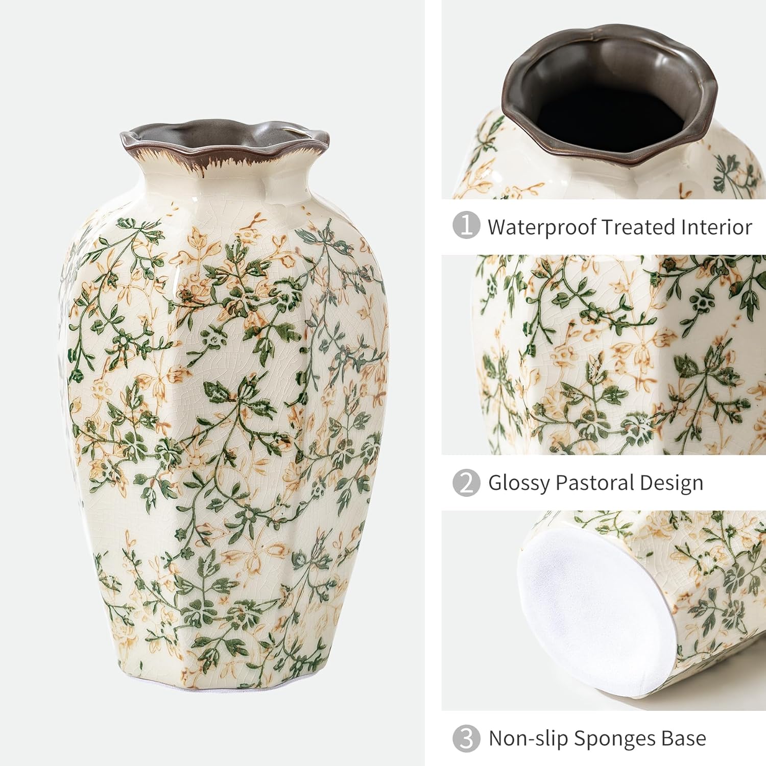 Vintage Pastoral Octagonal Vase, Green and Beige Retro Ceramic Flower Vase, Rustic Farmhouse Vases Chinoiserie Floral Large Vase for Home Decor, Living Room, Kitchen, Bedroom and Shelf 9.1 Inch-VerdiqueGarden