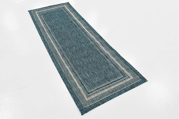 Unique Loom Outdoor Border Collection Area Rug - Soft Border (2'x 6' 1" Runner, Teal/ Ivory)-VerdiqueGarden