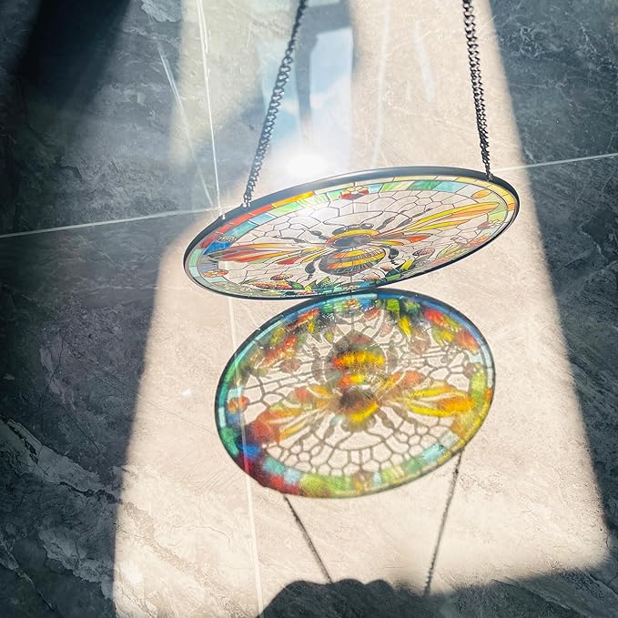 RIVEENY Bumblebee Stained Glass Window Hangings,8''Bee Suncatcher Stained Glass Window Panel Gift for Christmas Anniversary Birthday Mother's Day-VerdiqueGarden