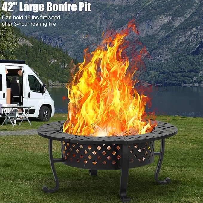 42 Inch Fire Pit with 2 BBQ Grills, Wood Burning Fire Pits for Outside with Lid & Fire Poker, BBQ& Outdoor Firepit & Round Metal Table 3 in 1 for Patio, Picnic, Party-VerdiqueGarden