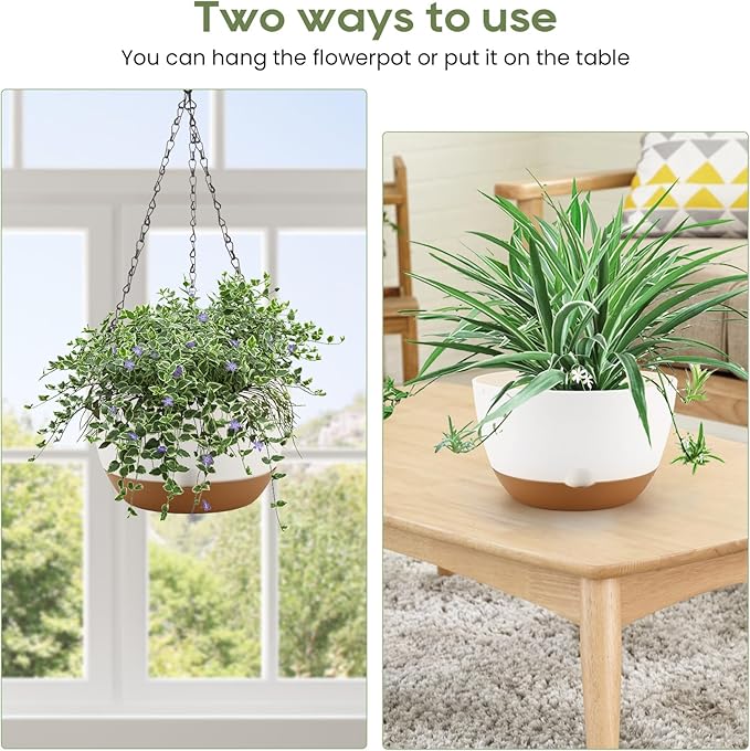 10 Inch Hanging Planter, 2 Pack Hanging Plant Self Watering Pot with Drainage Holes & Saucers, Hanging Baskets Flower Pots with Black Macrame Rope Hangers for Garden Home -White-VerdiqueGarden
