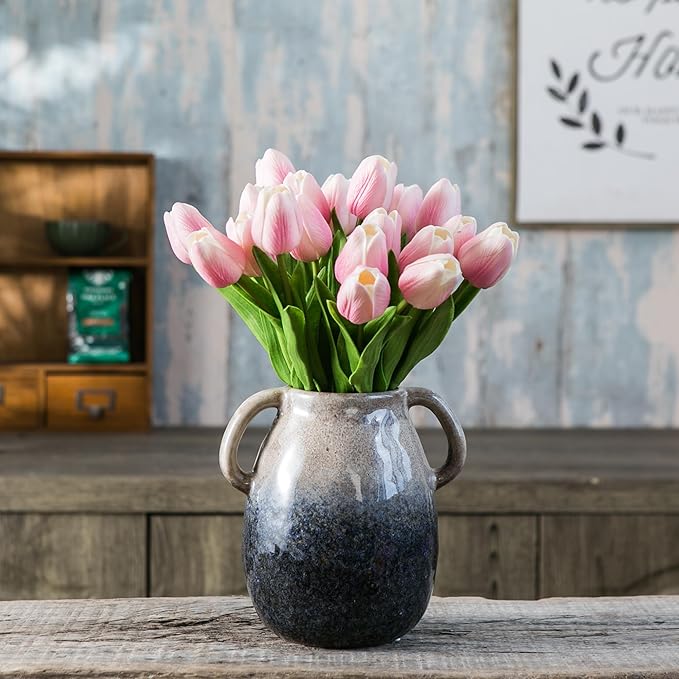 Brown Gradient Ceramic Vase with 2 Handles, Modern Farmhouse Decor, Rustic Terracotta Pottery, Decorative Flower Vases, Clay Small Vase, Centerpiece for Dining Table - 7 Inch Tall-VerdiqueGarden