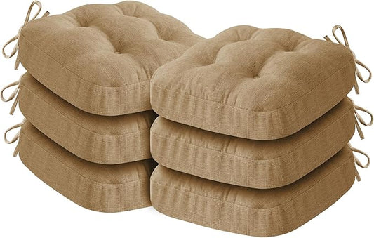 Chair Cushions for Dining Chairs, Dining Chair Cushions, Tufted Indoor Chair Pads with Ties & Non Slip Backing, Seat Cushions for Kitchen Chairs 16.5” x 16.5” x 3.5”, Set of 6, Khaki-VerdiqueGarden