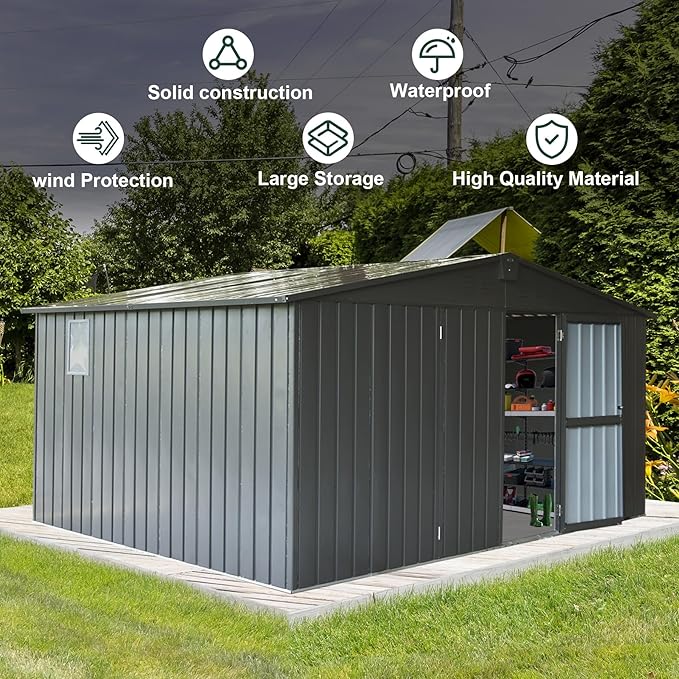 Domi Outdoor Storage Shed 11' x 12.5', Metal Sheds Steel Utility Tool Storage House with Double Lockable Doors & Air Vents for Patio Garden Lawn Backyard, Dark Gray-VerdiqueGarden