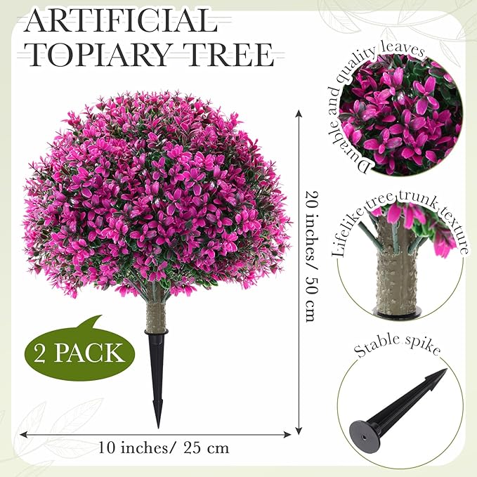Yunlly 2 Pack 18" Artificial Boxwood Ball Bush Topiary Trees Fake Outdoor Plants, Realistic UV Resistance Faux Shrubs with Spike Greenery Topiary for Front Porch Garden Yard Patio Indoor (Fuchsia)-VerdiqueGarden