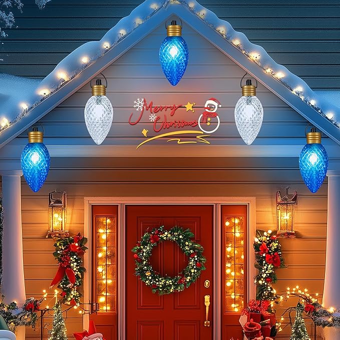 11Feet 5 LED Super Jumbo Christmas String Lights or Pathway Marker Lights, Outdoor Xmas Decorations- Jumbo C9 Hanging Lights Waterproof Lawn Dec for Holiday Home Tree Roof Yard Garden, Blue ＆ White-VerdiqueGarden