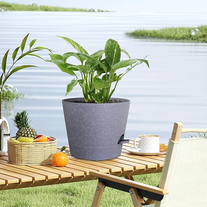 12 inch Large Self Watering Pots for Indoor Outdoor Plants, Plant Pots with Mesh Drainage Holes for Garden House Plants, Plastic Planters with Reservoir for Flower, Speckled Grey-VerdiqueGarden