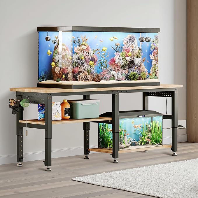 Albott 84" Adjustable 2-Tier Workbench with Solid Wood Top, Max 2000lbs Capacity, Built-in Power Strip with 4 AC Outlets & 2 USB Ports, Pegboard & 20 Hooks, Shop Garage Office-VerdiqueGarden