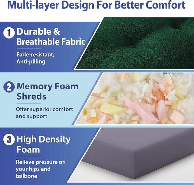 Chair Cushions for Dining Chairs, Dining Chair Cushions, Tufted Indoor Chair Pads with Ties & Non Slip Backing, Seat Cushions for Kitchen Chairs 16.5” x 16.5” x 3.5”, Set of 6, Green-VerdiqueGarden