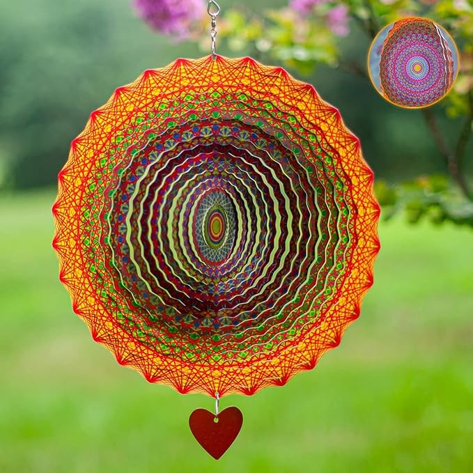 SteadyDoggie 12-Inch Wind Spinner Mandala Thangka - 3D Stainless Steel Laser Cut Metal Art - Reflective Geometric Pattern Kinetic Yard Decoration - Hanging Wind Spinners for Indoor and Outdoor Use-VerdiqueGarden