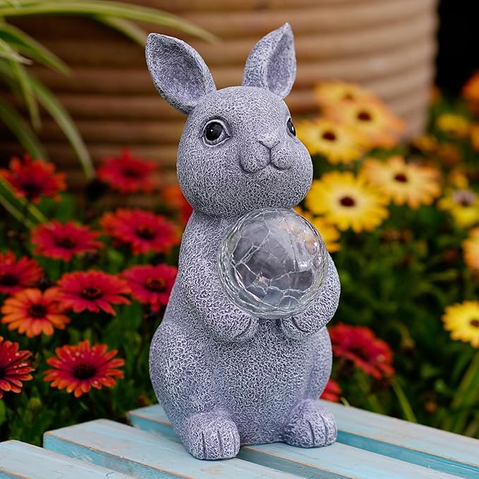Solar Garden Outdoor Statues Bunny with Gazing Ball - Outdoor Decor Garden Rabbit Statue for Patio, Balcony, Yard, Lawn Ornament - Unique Housewarming Gifts-VerdiqueGarden