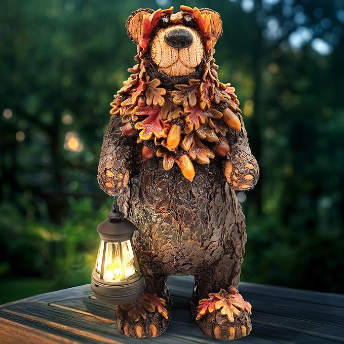Solar Garden Statue Bear Figurine, Garden Art Outdoor Statues with Solar Lantern, Loving Bear for Patio, Balcony, Yard, Lawn, Unique Housewarming Gifts-VerdiqueGarden
