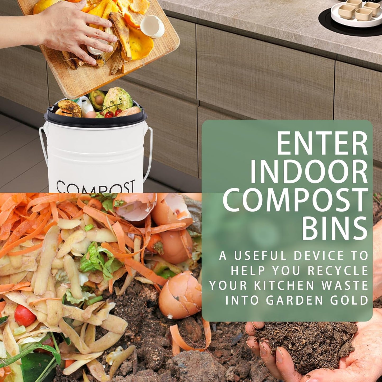 Vipush Compost Bin with Lid Small Countertop Compost Bin includes Inner Liner & 3 Charcoal Filters, White-VerdiqueGarden