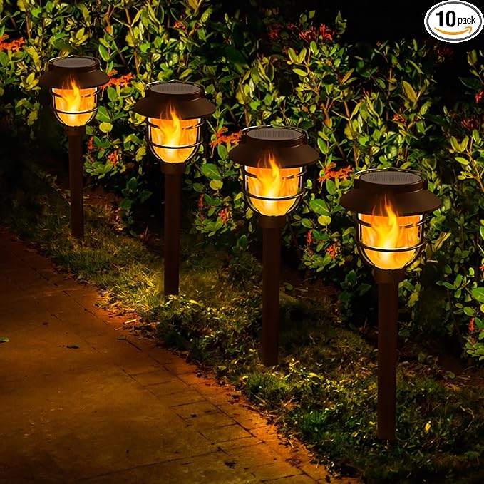 10 Pack Solar Pathway Lights Outdoor - Bright Solar Powered Garden Lights with Flickering Flame, Auto On/Off Waterproof Path Lights Decorative, Landscape Lighting for Yard Patio Walkway Driveway-VerdiqueGarden