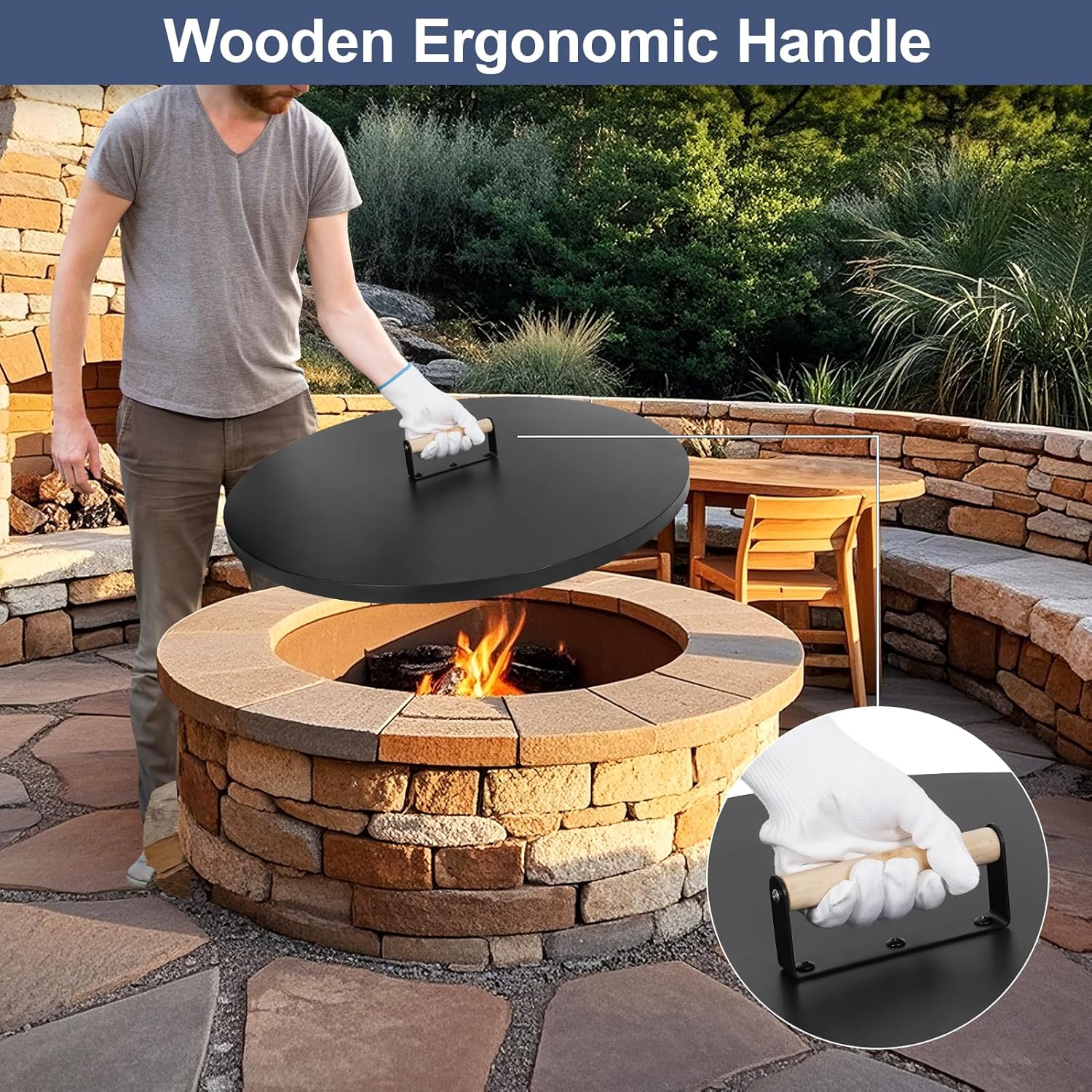 1MORE Fire Pit Lid Round 30" - Metal Firepit Lid with Wooden Handle for Patio Firepits,Rust Resistant 1.5mm Fire Pits Metal Lid,Outdoor Firepits Accessory, Smokeless Fire Pits Cover Round Metal-VerdiqueGarden