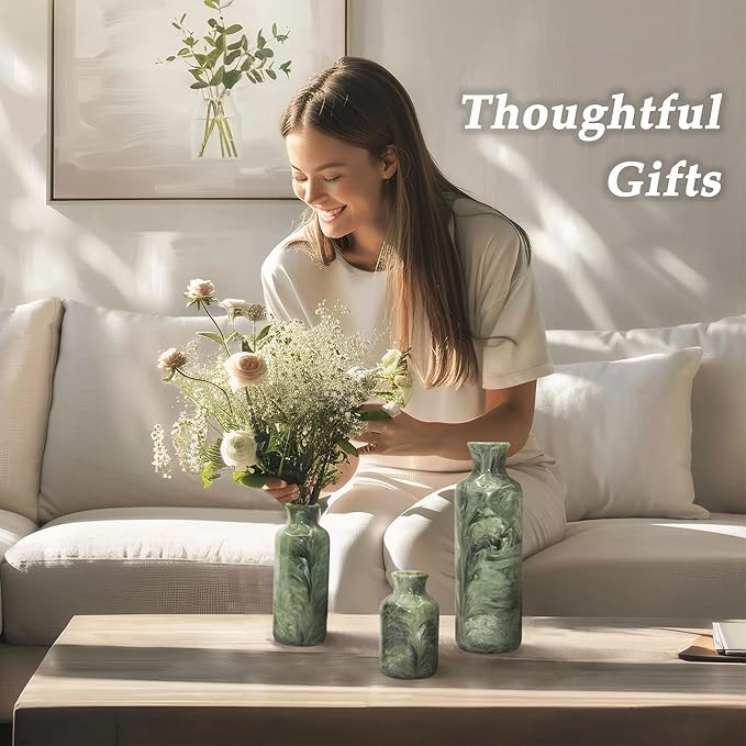 Resin 3 Piece Vase Set, Farmhouse Decor, Home Decorative Vase, Vases for Your Kitchen, Bedroom, Office, Living Room, Bathroom, & Shelf Centerpiece Table Decorations, Green-VerdiqueGarden
