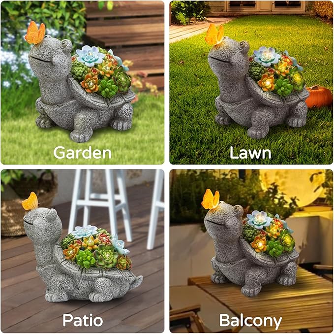 Solar Garden Outdoor Statues Turtle with Succulent Butterfly 8 LED Lights, Lawn Decor Tortoise Figurine for Patio Balcony Yard, Yard Unique Christmas Birthdays Gift for Mom Grandma-VerdiqueGarden