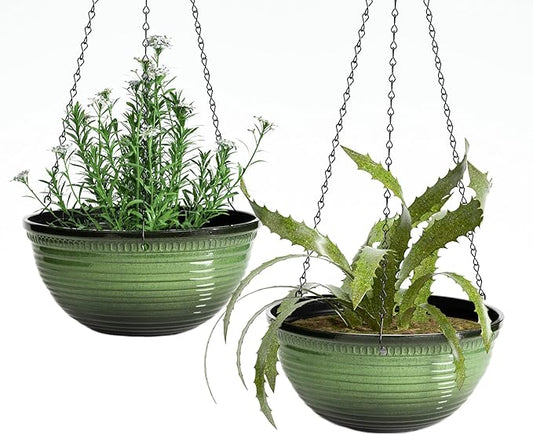 12 inch Hanging Planters for Indoor Outdoor Plants, 2 Pack Large Hanging Flower Pots with Drainage Holes and Chain, Glazed Hanging Baskets for Home Garden Decoration, Green-VerdiqueGarden