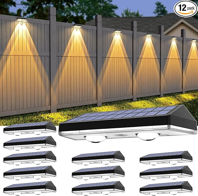 Solar Fence Lights,Warm White & Cold White & Mixed Color 3 Modes Bright Lens LED Dusk to Dawn Deck Light, Outdoor Waterproof,Solar Outdoor Lights for Backyard/Railing/Wall (12Pack)-VerdiqueGarden