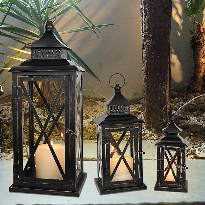 DECORKEY 3PCS (20’’&13’’&9’’) Lanterns Decorative Indoor & Outdoor, Vintage Metal Frame Candle Holders for Front Porch, Patio, Pathway, Balcony, Garden, Yard Decor, Halloween Christmas Decorations-VerdiqueGarden