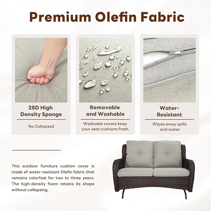 5 Piece Outdoor Patio Furniture Set - Outdoor Conversation Couch and Loveseat Glider Chair Furniture Set with Rattan Coffee Table for Deck Balcony Poolside Brown Wicker/Grey Cushions-VerdiqueGarden