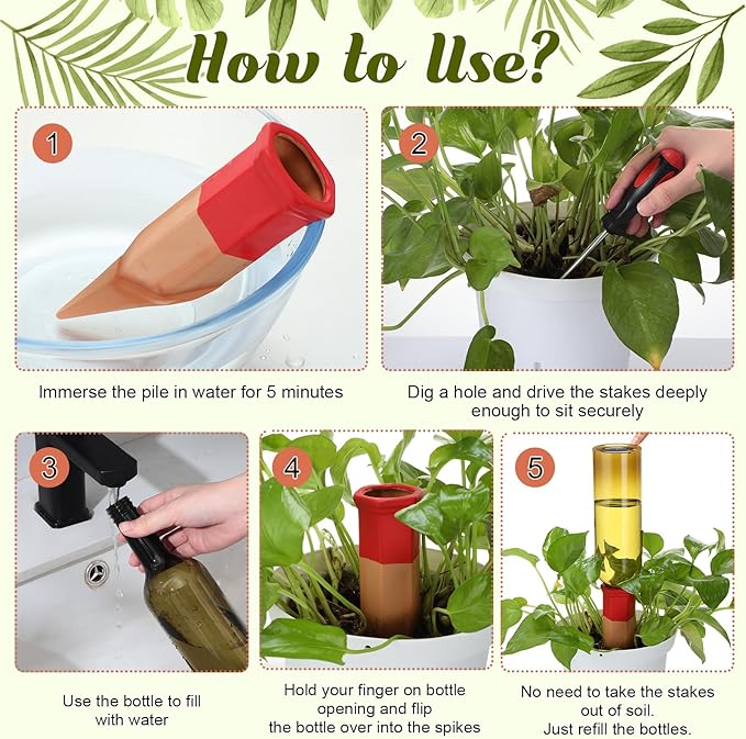 12 Pack Plant Watering Devices Include 6 Terracotta Self Watering Spikes and 6 Pcs 26 oz Plastic Bottles, Slow Release Vacation Insert Automatic Plant Waterer Device (Mixed Colors)-VerdiqueGarden