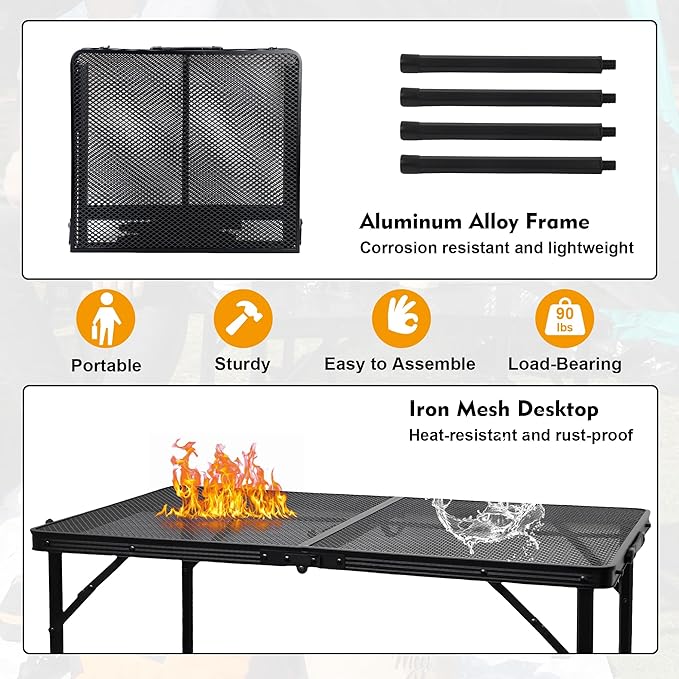Camping Table with Mesh Desktop, Lightweight & Portable Folding Grill Table, Height Adjustable Metal Outdoor Table for Camp, Cooking, BBQ, RV, Picnic-4 FT Black-VerdiqueGarden