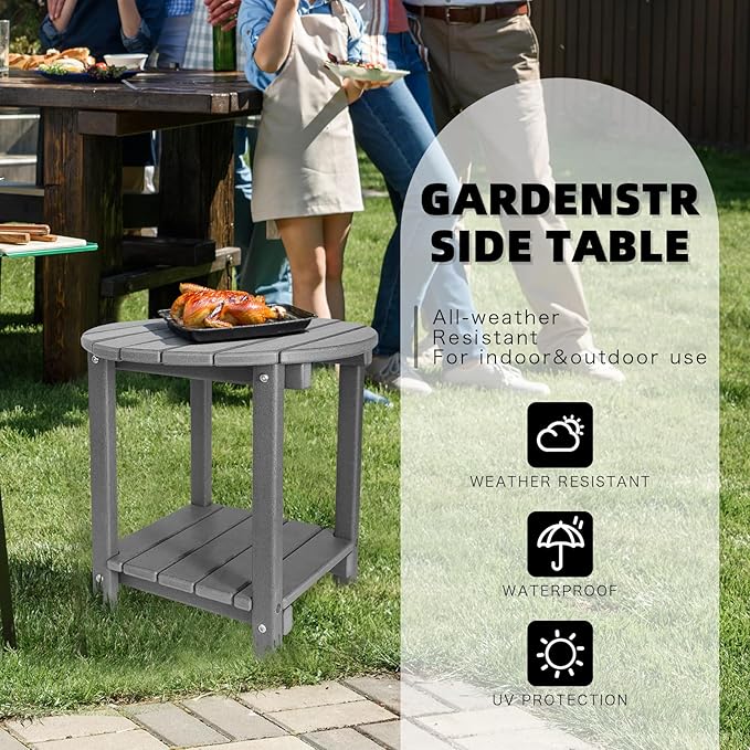 Adirondack Round Outdoor Side Table 2-Tier Storage Patio Side Table, HDPE End Tables for Backyard Pool Porch Garden Lawn (Grey)-VerdiqueGarden