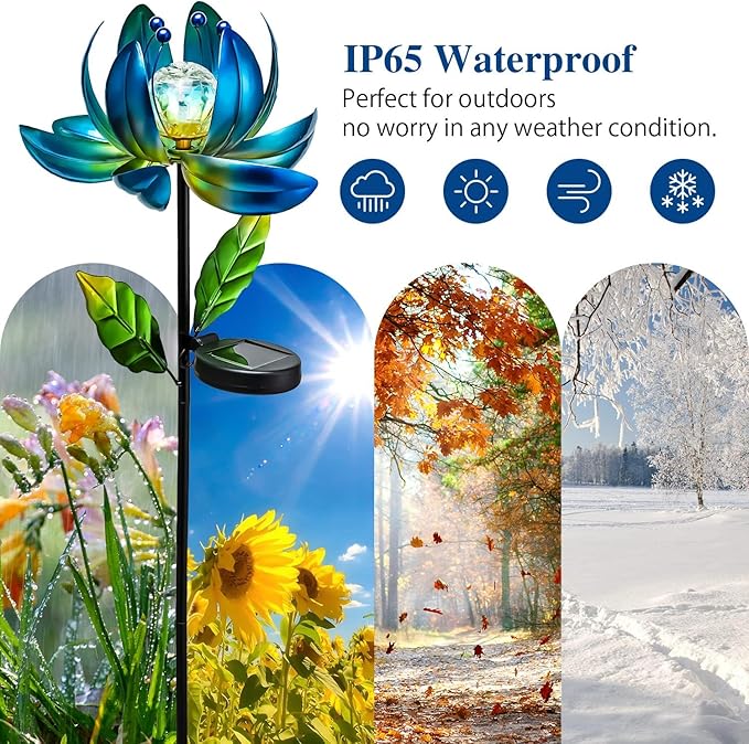 Solar Garden Lights Metal Flower Decor, Colorful Spinning Windmill Lotus Pathway Ligths with LED Cracked Crystal Ball Outdoor Decorative Stake Lighting Waterproof Flower Sculpture for Patio Yard-VerdiqueGarden