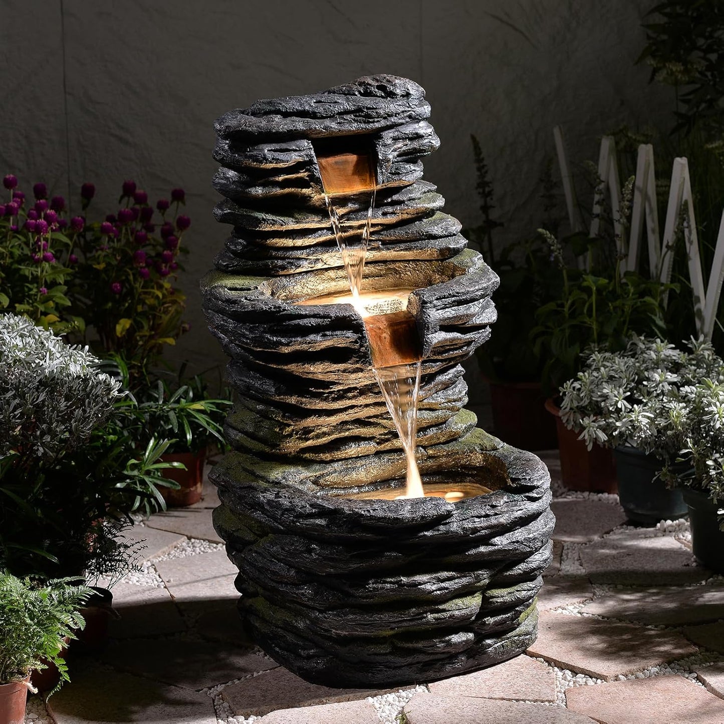 28.8” Tall Rock Water Fountain Outdoor Garden, 3-Tiers Cascading Rock Natural Waterfall Fountains with LED Lights, Indoor Resin Water Feature Fountain for Patio, Garden and Backyard, Deck, Porch, Home-VerdiqueGarden